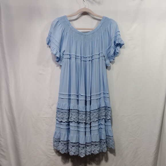 1st Sight Babydoll Dress Women's L Blue Ruffle Lace Tiered Flowy Beach Coastal - Picture 5 of 8
